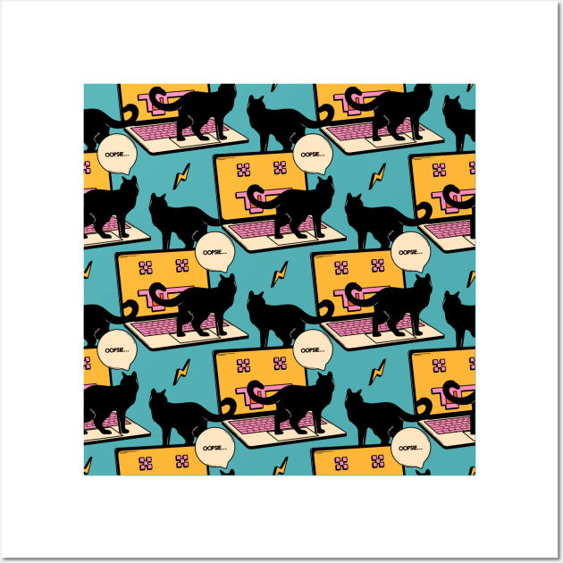 404 Error Laptop Black Cat Pattern in blue Wall Art by The Charcoal Cat Co.